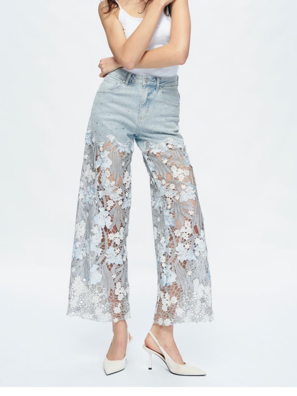 Bayeas Light Blue Lace-Panel Wide Leg Jeans size 26